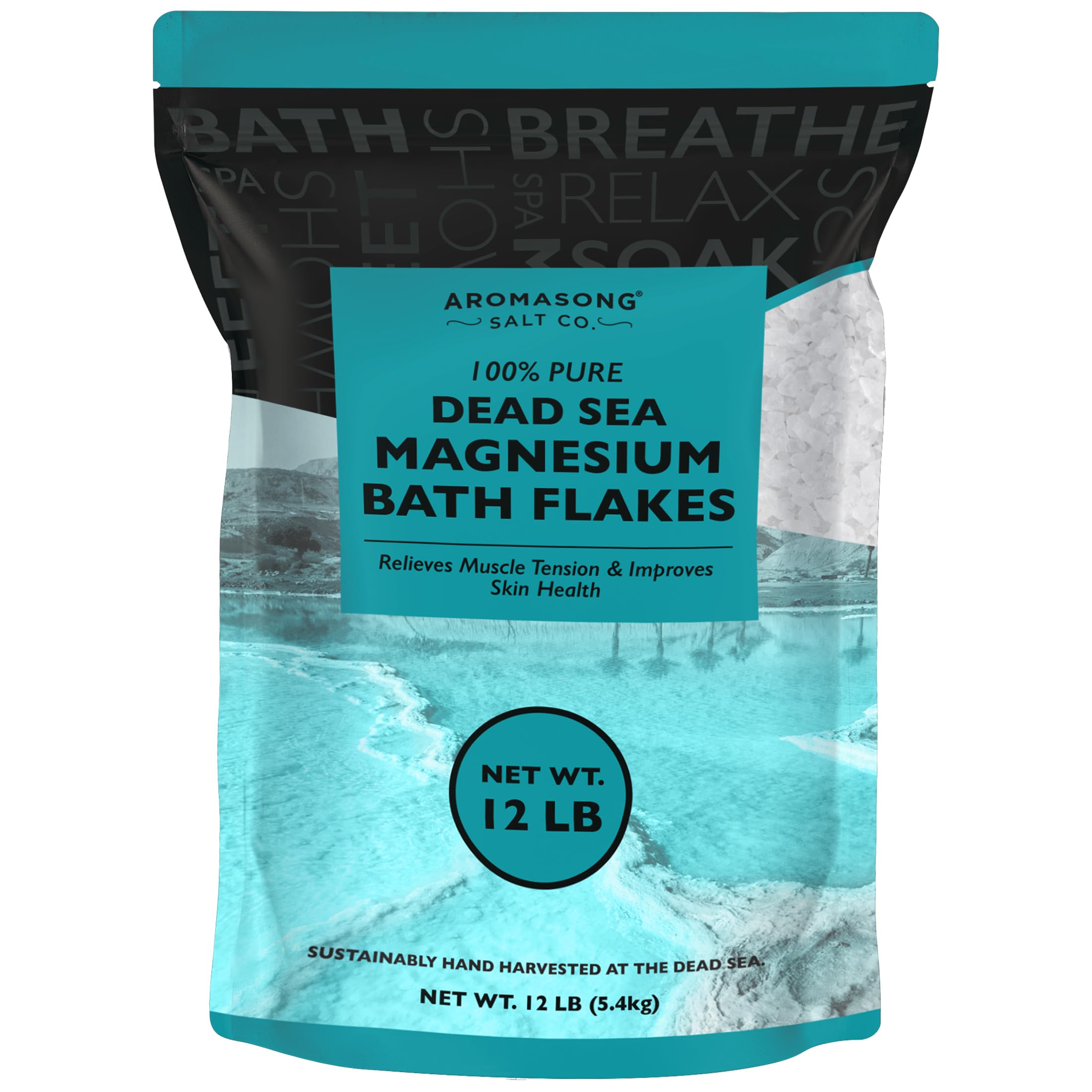Aromasong Magnesium Flakes from The Dead Sea, 12 LB Resealable Pack - Muscle Relaxing Magnesium Chloride Bath Salts Soak for Headaches, Stress & Leg Discomfort. (Packaging May Vary)